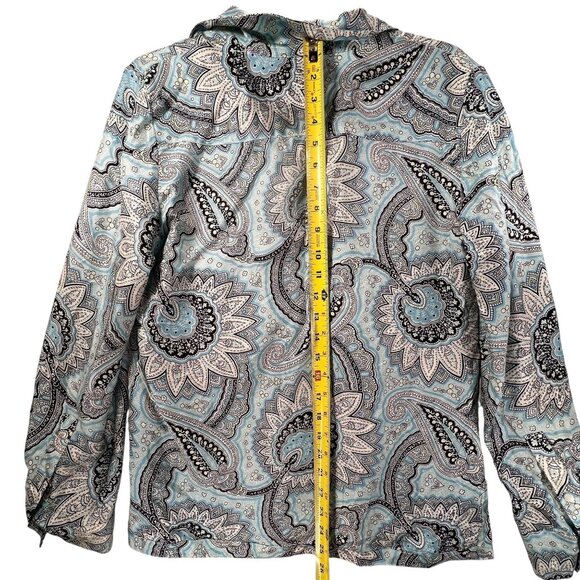 Talbots Paisley Silk Blouse Sz 8 Long Sleeve Turquoise Blue Retro V-Neck Collar - Picture 9 of 11